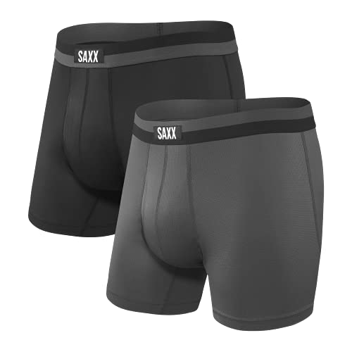 SAXX Underwear Co. Men's Boxer Briefs - Sport Mesh Men's Underwear - Boxer Briefs With Built-In Ballpark Pouch Support - Workout Boxer Briefs, Pack Of 2,Black/Graphite, Small