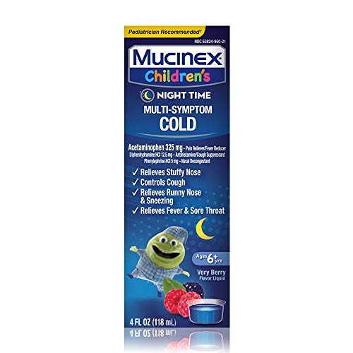 Cold and Fever, Mucinex Children's Multi-Symptom, Night Time Cold Liquid, Mixed Berry, 4oz, Reduces Fever, Controls Cough, Relieves Stuffy Nose, 'Packaging May Vary'