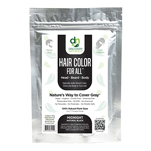 Discovery Naturals - Midnight Natural Black Natural Henna Hair Color For Men & Women, 100% Natural & Chemical-Free Dye for Hair & Beard, Easy To Use & Blends Well In Hair