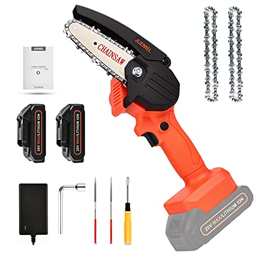Mini Chainsaw with 2 Batteries, JUEMEL 4-Inch Portable Cordless Chain Saw with 20V Rechargeble Battery for Tree Trimming, Branches Pruning, Wood Cutting, Household and Garden