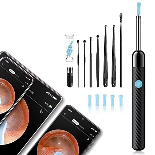 Ear Wax Removal - Earwax Remover Tool with 8 Pcs Ear Set - Ear Cleaner with Camera - Earwax Removal Kit with Light - Ear Camera with 6 Ear Spoon - Ear Cleaner for iOS & Android (Black)