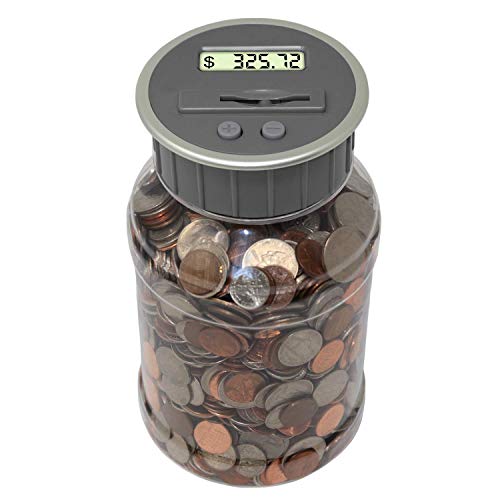 Teacher's Choice Digital Coin Bank, Savings Jar, and Piggy Bank | Automatic Coin Counter Totals All U.S. Coins Including Dollars and Half Dollars - Original Style, Clear Jar w/ Grey Lid