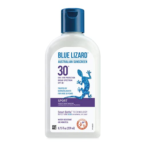 BLUE LIZARD Sport Mineral Sunscreen with Zinc Oxide, SPF 30+, Water/Sweat Resistant, UVA/UVB Protection with Smart Bottle Technology - Fragrance Free, Unscented, 8.75