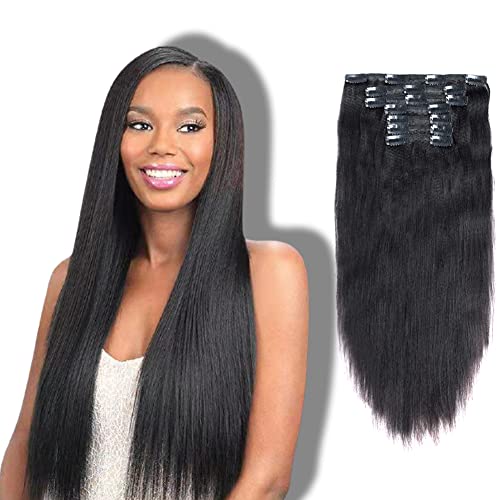 Vanalia Perm Yaki Clip in Extensions Double Wefted Natural Black Remy Human Hair 120 Gram 7 Pieces 18 Clips for African American Black Women Yaki 18 Inch