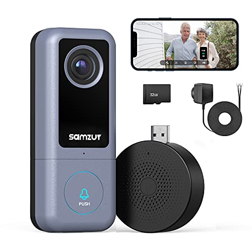Samzuy WiFi Video Doorbell Camera 2K Ultra HD Camera with Chime, Motion Detection, 2-Way Audio, Night Vision, IP65 Weatherproof, 32GB Pre-Installed, Cloud Storage