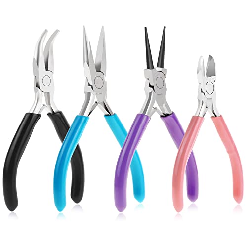 Anezus 4Pcs Jewelry Tool Set Includes Needle Nose Pliers, Round Nose Pliers, Wire Cutters and Bent Nose Pliers for Jewelry Beading Repair Making Supplies