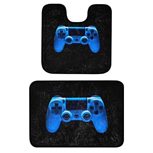 Video Game Joystick Gamepad in Blue Neon Lights Isolated on Black 2-Piece Bathroom Durable Mat Set, U-Shaped Non-Slip Soft Microfiber Plush, Toilet Floor Rug Pads, Absorbent Shower Room Carpet