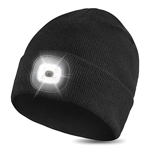 GAFres LED Beanie with Light, Unisex Rechargeable Led Headlamp Hat, Warm Knit Hat for Winter Safety, Head Light for Outdoor Dog Walking，Gifts for Men Women Dad Black