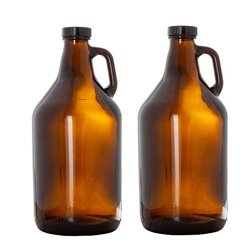 Barcaloo Glass Growlers for Beer, 2 Pack Dark Bottles with Beer Funnel - 64oz Beer Growler Set with Lids - Amber Jug for Home Brewing, Kombucha & More