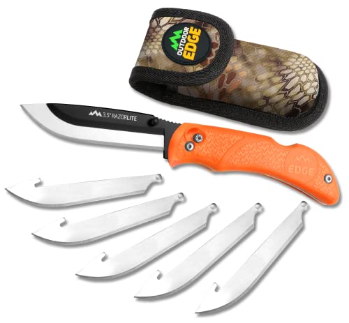 OUTDOOR EDGE Knives' RazorPro L Hunting Knife with Razor-Sharp Replaceable Blade features Non-Slip TRP Orange Handle, Belt Holster, & 6 Blades. Must-Have Field Dressing Knife for Your Hunting Gear
