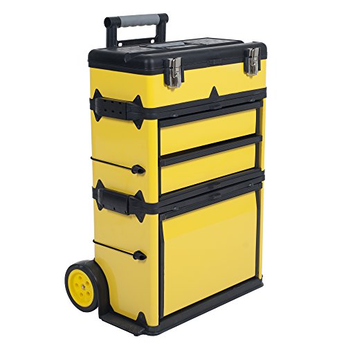 Stackable Rolling Tool Box Organizer with Telescopic Comfort Grip Handle – Mobile Upright Rigid Tool Chest with Wheels and Drawers by Stalwart