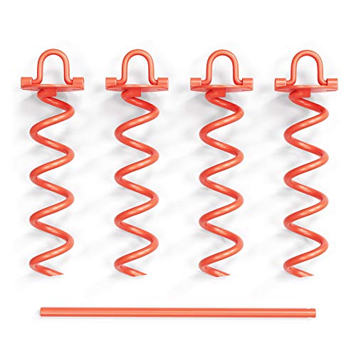 CORQUE Heavy Duty Tent Stake with Folding Ring – Orange Powder Coated In Ground Anchor – 12 Inch, Set of 4 for Swing Sets, Canopies, Trampolines, Camping Tarps, Trapping, Sheds, Dog Tie Out