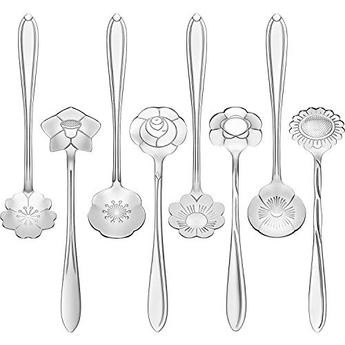 8 Pieces Flower Spoon Coffee Teaspoon Set Stainless Steel Tableware Creative Sugar Tea Stir Bar Stirring Spoon, Different Patterns (Silver)