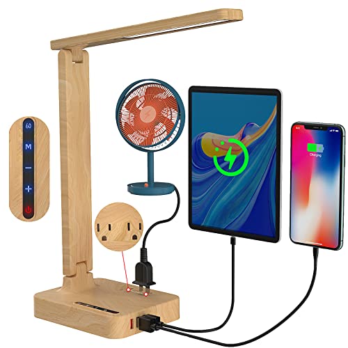 cozoo LED Desk Lamp with 3 USB Charging Ports and 2 AC Outlets,3 Color Temperatures & 3 Brightness Levels, Touch/Memory/Timer Function,10W Eye Protection Foldable Reading Light,Office Table Lamp Wood