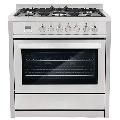 COSMO COS-F965NF 36 in. Dual Fuel Range with 5 Gas Burners, Electric Convection Oven with 3.8 cu. ft. Capacity, 8 Functions, Black Porcelain Interior in Stainless Steel