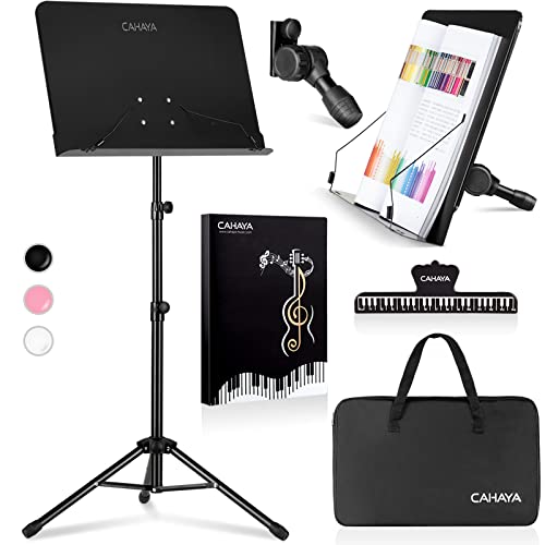 CAHAYA 5 in 1 Dual-use Sheet Music Stand & Desktop Book Stand Metal Portable Solid Back Height Adjustable from 31.4-57in with Book Stand Support, Carrying Bag, Sheet Music Folder and Clip CY0194