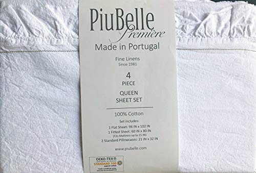 Piubelle Solid White Sheet Set Shabby Chic French Country Cottage Style Ruffled Frayed Edge Metallic Stripe Hemstitch 100% Cotton Luxury (Queen)