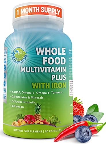 Whole Food Multivitamin Plus with Iron, Daily Vegan Multivitamin for Women and Men, Organic Fruits & Vegetables, B-Complex, Probiotics, Enzymes, CoQ10, Omegas, Turmeric, All Natural, Non-GMO, 90 Count