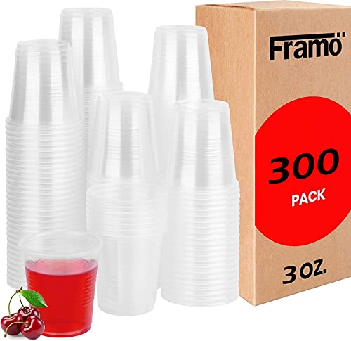 Framo 3oz Clear Plastic Cups (300 Pack) Disposable Mouthwash, Bathroom, Espresso Cups Ideal for Whiskey, Drinking Tasting, Food Sample and Party