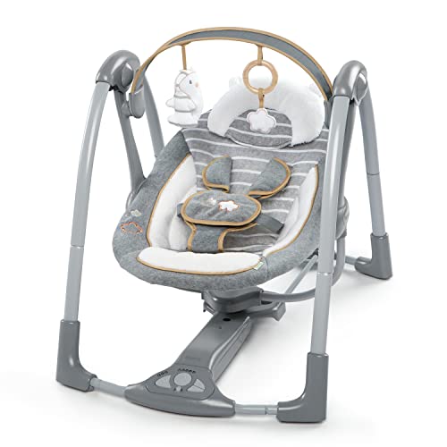 Ingenuity Swing 'n Go Deluxe 5-Speed Baby Swing with Cushioned Harness - Foldable, Portable, 2 Plush Toys & Sounds, 0-9 Months 6-20 lbs (Bella Teddy)