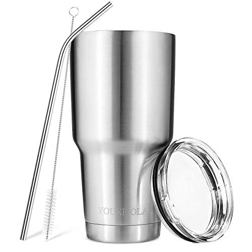 YOUKE OLA Stainless Steel Tumbler 30oz - Vacuum Insulated Tumbler Coffee Cup Double Wall Large Travel Mug with Lid, Straw, Brush, Gift Box Set (Silver)