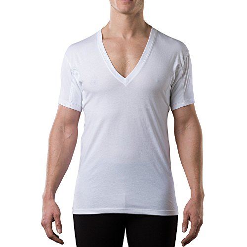 Sweatproof Undershirt for Men w/Underarm Sweat Pads (Original Fit, Deep V-Neck, White)