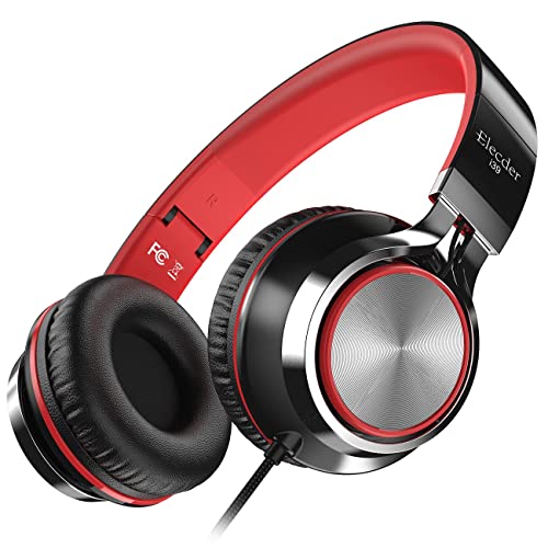 ELECDER i39 Headphones with Microphone Foldable Lightweight Adjustable On Ear Headsets with 3.5mm Jack for Cellphones Computer MP3/4 Kindle School Red/Black