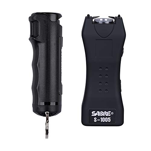 SABRE Self Defense Kit With Pepper Spray and Stun Gun Flashlight, 25 Bursts of Max Police Strength OC Spray, 10-Foot Range, Painful 1.60 µC Charge, 120 Lumens, Rechargeable, Safety Switch, Holster