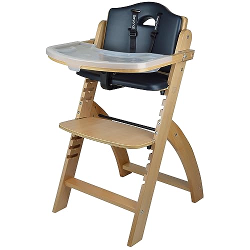 Abiie Beyond Junior Wooden High Chair with Tray. The Perfect Adjustable Baby Highchair Solution for Your Babies and Toddlers or as a Dining Chair. 6 Months up to 250 Lb. Natural Wood/Black Cushion