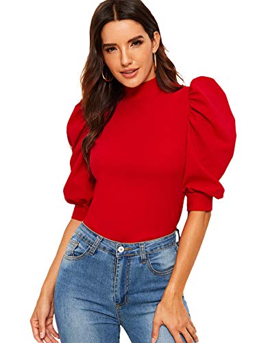 Romwe Women's Puff Half Sleeve Mock Neck Keyhole Back Slim Fit Blouse Tops Red M