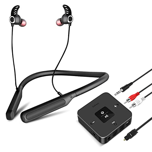Golvery Bluetooth Headphones Transmitter for TV Watching, Neckband Wireless Stereo Earphones Earbuds Set w/Transmitter Adapter for Optical Digital RCA 3.5mm Aux TVs, Plug n Play No Audio Delay