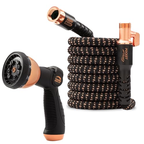 Pocket Hose Copper Bullet With Thumb Spray Nozzle AS-SEEN-ON-TV Expands to 50 ft, 650psi 3/4 in Solid Copper Anodized Aluminum Fittings Lead-Free Lightweight No-Kink Garden Hose