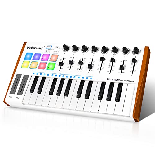 Vangoa Worlde MIDI Keyboard Controller 25 Key, Worlde Tuna Mini USB Portable Beat Maker Machine, Midi Keyboard with Drum Pads for Beginners, 8 Knobs, 8 Faders, Pedal Interface, White