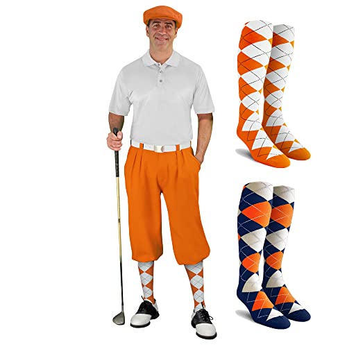 Mens Multi Style Orange Golf Outfit - Matching Knickers and Cap - Two Over-The-Calf Golf Socks - Size 38