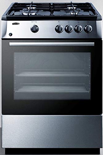 Summit Appliance PRO24G 24' Wide Slide-In Look Gas Range with Sealed Burners, Electronic Ignition, Waist-High Broiler, Stainless Steel Finishing, Storage Compartment, and Black Cabinet and Surface