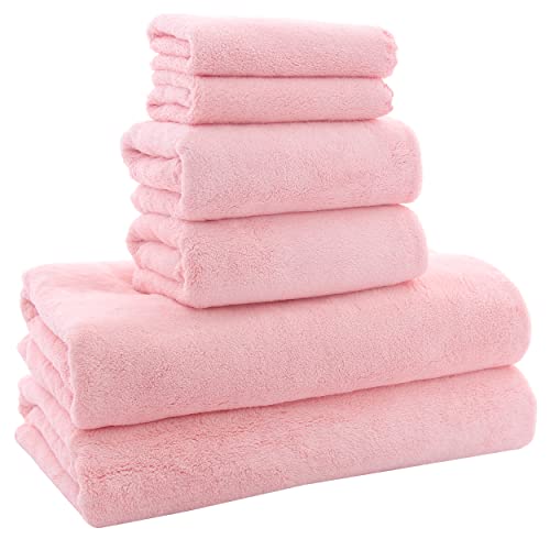 MOONQUEEN Ultra Soft Towel Set - Quick Drying - 2 Bath Towels 2 Hand Towels 2 Washcloths - Microfiber Coral Velvet Highly Absorbent Towel for Fitness, Bathroom, Sports, Yoga, Travel (Pink, 6 Pcs)