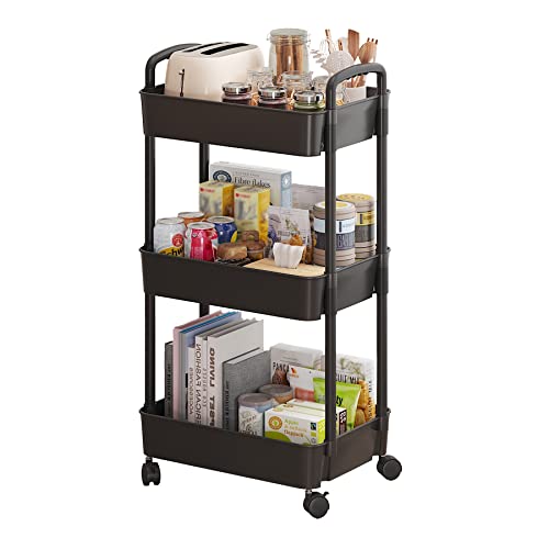 Sywhitta 3-Tier Plastic Rolling Utility Cart with Handle, Multi-Functional Storage Trolley for Office, Living Room, Kitchen, Movable Storage Organizer with Wheels, Black