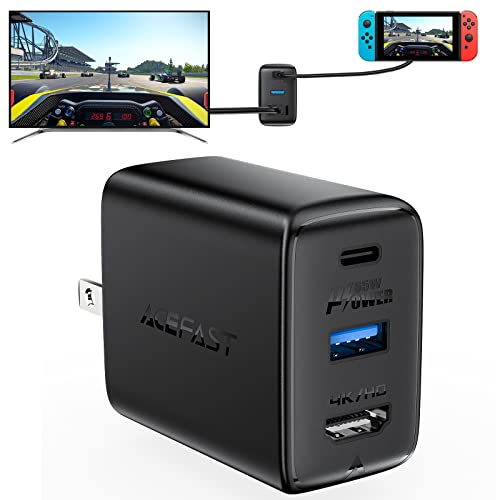 ACEFAST GaN PD65W 3 Port(USB C+USB A+4K/HD) Fast Charger Hub for Nintendo Switch, USB C 3.1 Laptops, Tablets, Foldable AC Plug Power Adapter Compatible with MacBook, Switch, HP, Acer, Samsung, ASUS