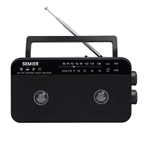 SEMIER AM FM Portable Radio, Battery Operated Analog Radio by 3X D Cell Batteries Or AC Power Transistor Radio with Double Big Speaker, Standard Earphone Jack, Bass Tone Mode and Large Knob