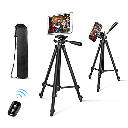 Phone Tripod, 50” Extendable Adjustable Smartphone & Tablet Tripod Stand with Phone Holder Mount & Remote, Compatible with Tablet/Cell Phone/Camera