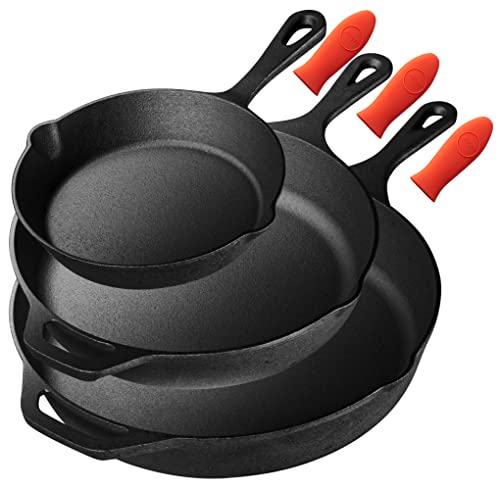 Nutrichef 3 Pieces Kitchen Frying Pre-Seasoned Cast Iron Skillet Pans Nonstick Cookware Set w/Drip Spout, Silicone Handle, For Electric Stovetop, Glass Ceramic