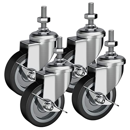 Houseables Caster Wheels, Casters, Set of 4, 3 Inch, (Screw Diameter 3/8'-16, Length 1.5'), Rubber, Heavy Duty, Threaded Stem Mount Industrial Castors, Locking Metal Swivel Wheel, for Furniture, Cart