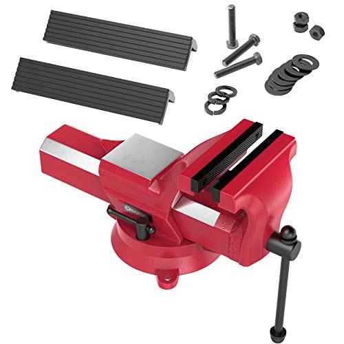 Olsa Tools 5 Inch Bench Vise | 360° Swivel Base | 7,700 lb Clamping Force | Forged Steel | Table Vise Bench | Red Benchtop Vise | Bonus Mounting Hardware & Rubber Jaw Covers | Professional Grade