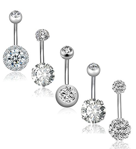 REVOLIA 5Pcs 14G Stainless Steel Belly Button Rings for Women Girls Navel Rings CZ Body Piercing S