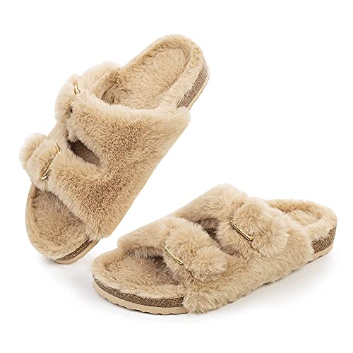 FITORY Womens Open Toe Slipper with Cozy Lining,Faux Rabbit Fur Cork Slide Sandals Camel Size 8