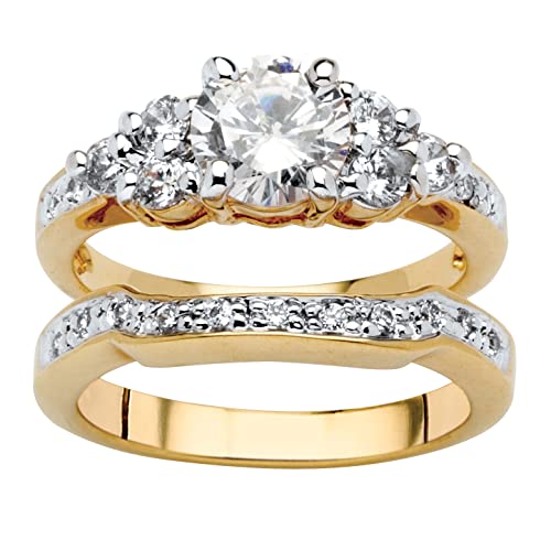 PalmBeach Jewelry Yellow Gold-Plated or Platinium Plated Round Cubic Zirconia Bridal Ring Set Size 6