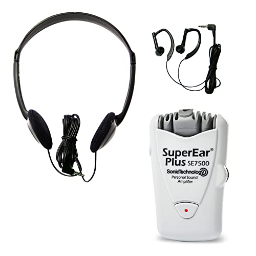 SuperEar Plus SE7500 Personal Sound Amplifier (PSAP), Pocket Sound Amplifier, Headphones & Discreet Earbuds w/Auto Shut off & Case, On/Off Volume Control for Adults, Audiologists, Seniors