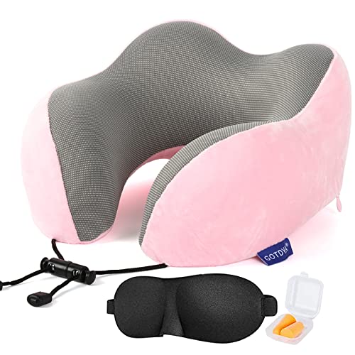 GOTDYA Travel Pillow,Travel Neck Pillows for Sleeping,100% Pure Memory Foam Soft Comfort & Support Pillow for Airplane/Car/Office&Home Rest Use-Pink