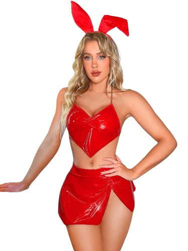 Kaei&Shi Sexy Bunny Rave Outfits For Women, Skirt Heart Wet Look Vinyl Costumes For Women, Cosplay Backless Two Piece Lingerie Set Boudoir Going Out Valentines V Day Red Large