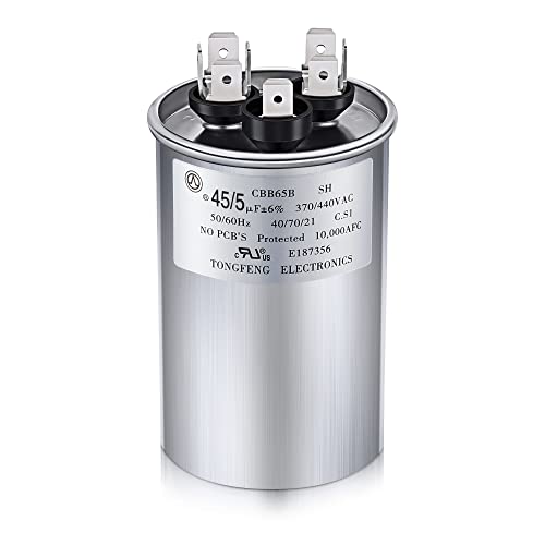 45+5 MFD 45/5 uf ±6% 370V or 440V VAC Dual Run Round Capacitor, 45 5 Start Capacitor for AC Air Conditioning Unit, Condenser Straight Cool or Heat Pump
